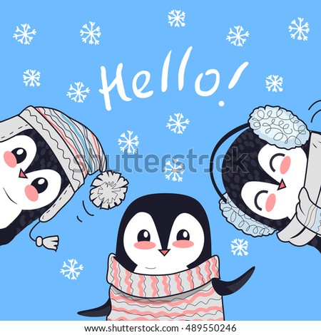 Hello conceptual banner. Three little penguin saying greetings. Penguin animals in sweater, hat and headphones. Endless texture with polar winter birds. Wallpaper design with cartoon character penguin