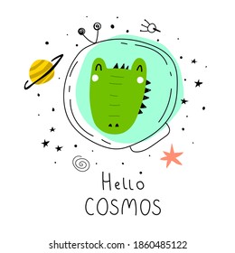 Hello cosmos. cartoon crocodile, hand drawing lettering, decor elements. Colorful vector illustration for kids. flat style. baby design for cards, posters, t-shirt print.