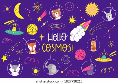Hola, letras de vector dibujadas a mano con cosmos. Exploración de cosmos. Vector clipart.  