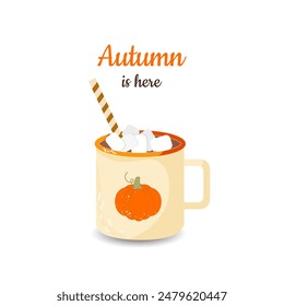 Hello cozy autumn card, banner template with cocoa mug with pumpkin image. Vector illustration