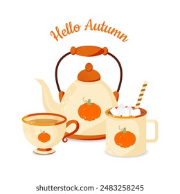 Hello cozy autumn card, banner template with teapot, tea and cocoa. Service with pumpkins. Vector illustration