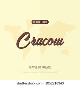 Hello from Cracow. Travel to Poland. Touristic greeting card. Vector illustration