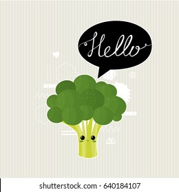 Hello. Cute card with broccoli character. Vector illustration.