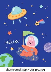 hello. cute card with space and rabbit
