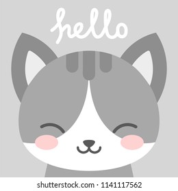 Hello Cute Cat Character Vector Design, greeting card, invitation with cat, greeting card, poster, with cute, sweet hand drawn watercolor background