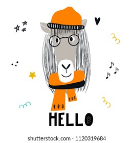 Hello - Cute hand drawn nursery poster with horse animal with glasses and a hat and with hand drawn lettering. Vector illustration in candinavian style