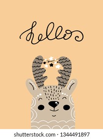 Hello - Cute hand drawn nursery poster with cartoon character animal deer and lettering. In scandinavian style. Color vector illustration.