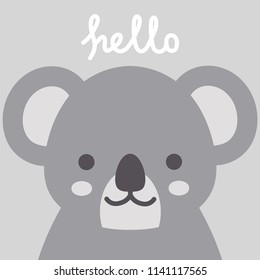 Hello Cute Koala Character Vector Design, greeting card, invitation with koala, greeting card, poster, with cute, sweet hand drawn watercolor background
