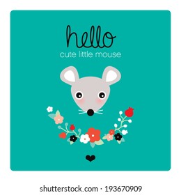 Hello cute little mouse illustration postcard baby announcement cover design background template in vector
