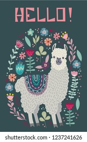 Hello, cute llama with flowers and lettering, template for card and your design. Hand drawing flat doodles vector Illustration