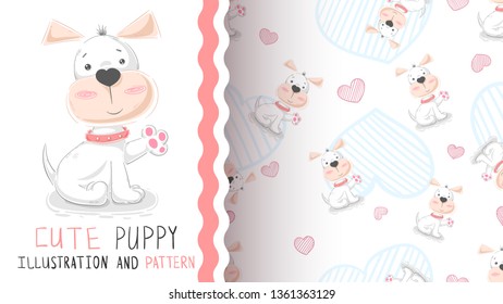 Hello cute puppy - seamless pattern. Hand draw