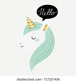 Hello. Cute vector unicorn. Trendy sticker, illustration for kids. Fairytale. Dream. Fantasy. Magic