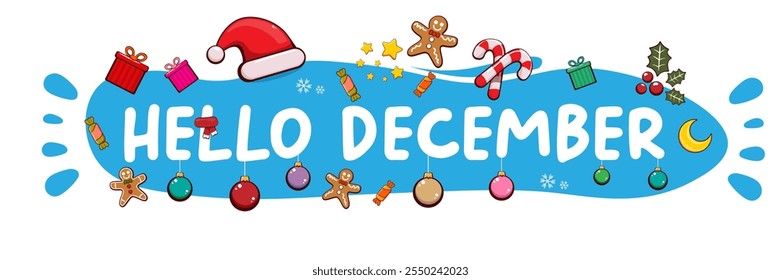 Hello December banner design template with santa hat, christmas tree, candy, hat, mittens, berries, stars, gifts, balls, moon , gingerbread man, cookies. Hello December blue sticker isolated on white