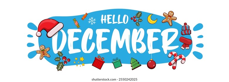 Hello December banner design template with santa hat, christmas tree, candy, hat, mittens, berries, stars, gifts, balls, moon , gingerbread man, cookies. Hello December blue sticker isolated on white