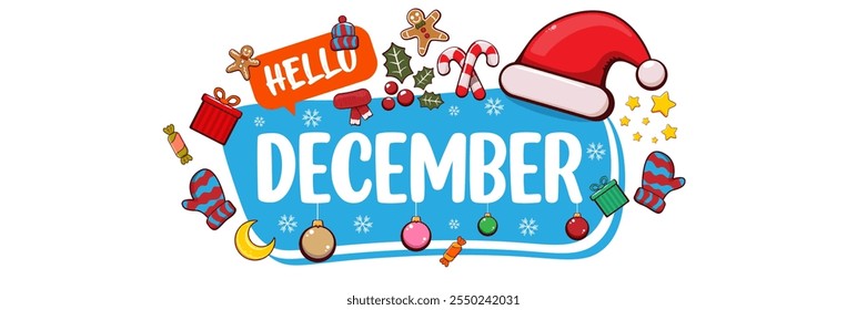 Hola diciembre Plantilla de diseño de Anuncio con sombrero de santa, árbol de Navidad, caramelo, sombrero, mitones, bayas, estrellas, regalos, bolas, luna, hombre de jengibre, galletas. Etiqueta engomada azul de Hello December aislada en blanco