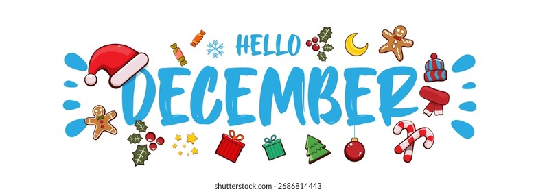 Hello December banner design template with santa hat, christmas tree, candy, hat, mittens, berries, stars, gifts, balls, moon , gingerbread man, cookies. Hello December blue sticker isolated on white