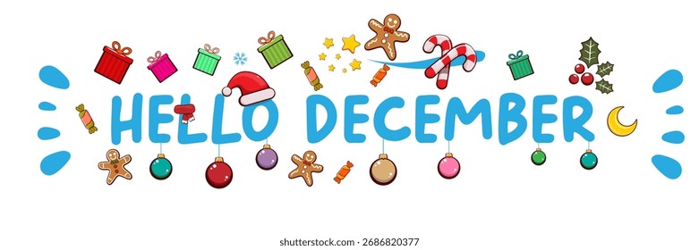 Hello December banner design template with santa hat, christmas tree, candy, hat, mittens, berries, stars, gifts, balls, moon , gingerbread man, cookies. Hello December blue sticker isolated on white