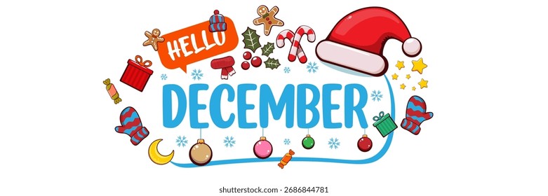Hola diciembre Plantilla de diseño de Anuncio con sombrero de santa, árbol de Navidad, caramelo, sombrero, mitones, bayas, estrellas, regalos, bolas, luna, hombre de jengibre, galletas. Etiqueta engomada azul de Hello December aislada en blanco