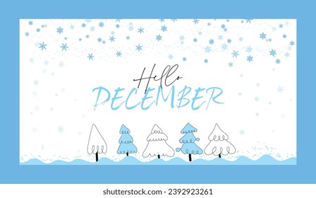 Hello december card design with tree and snow