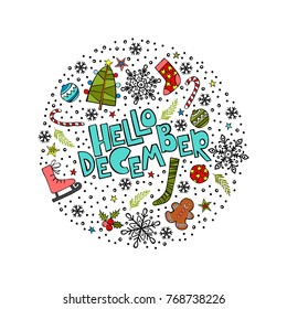 Hello December. Christmas decor. Isolated vector objects on white background.