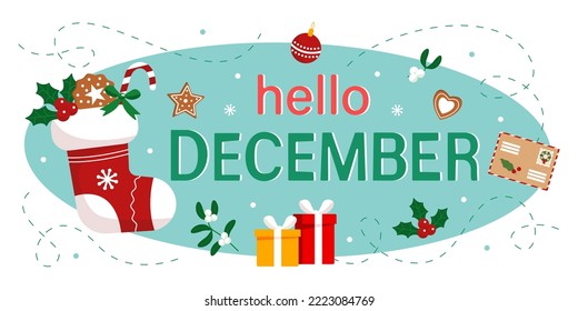 Hallo Dezember. Weihnachtsbesatz mit Süßigkeiten, Lebkuchen und Geschenken. Design zum Drucken einer Grußkarte, Hemd, Banner, Poster. Vektorgrafik