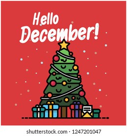 Hello December with Christmas Tree Illustration 