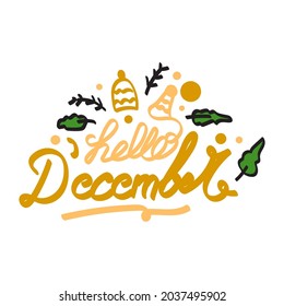 hello december color gold with leaf and ornament style design vector