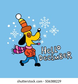hello december - cute dog character in snow