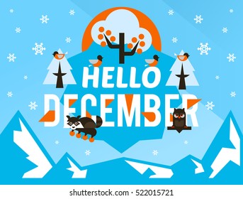 Hello December. Designed for printing, postcards, calendars, notebooks, diary. The owl and the raccoon sitting on the letter, rowan, winter apples. Snowy mountains. Snowfall. Winter season.