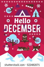 Hello December. Designed for printing, postcards, calendars, notebooks, diary. Set winter season objects. Owl, raccoon, dog, snowman, pine, bullfinch, berries, house. Vector illustration