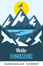 Hello December. Eagle flying over the mountains. Frozen River, ice. Road and horizon. Nice view of the nature. Pine forest. Resting place. Fresh air. Winter landscape. Vector illustration.