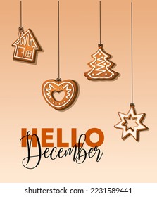 Hello December greetings from delicious gingerbread in the form of different Christmas toys. Vector flat illustration isolated on white background