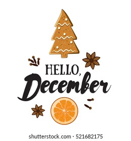 Hello, December. Holiday greeting card with ginger biscuit, orange slice, spices and calligraphyelements. Handwritten modern lettering with cartoons background.