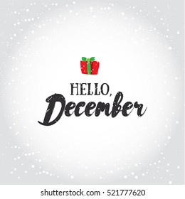 Hello, December. Holiday greeting card with calligraphy elements. Christmas lettering with cartoons background.