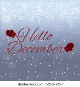 Hello December lettering on blue background. Vector illustration