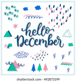 Hello december! Memphis design 80s style vector illustration