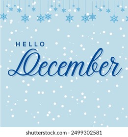 Hola diciembre en el fondo de las corrientes, copos de nieve y nieve. Diseño de invierno, venta. Ilustración vectorial EPS10