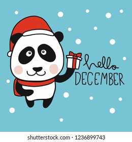 Hello December Panda Santa cartoon vector illustration