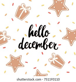 Hello december poster, card. Vector hand drawn illustration with text and gingerbread cookies with glaze. Great for social media