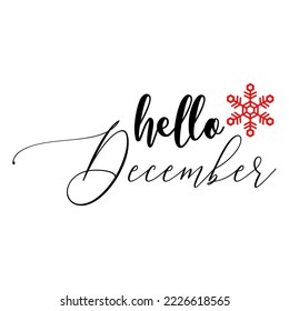 Hello december quote isolated on white background. Hand drawn winter inspirational card. Vector illustration