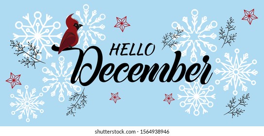 Hello December seasonal vector illustration. Winter background with Christmas decorations.