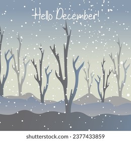 Hello december with snowflakes. Welcome december greetings card.