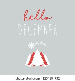 Hello december vector illustration with hand written text and winter icons.