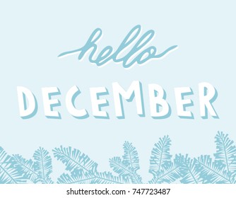 Hello December. Vector illustration with hand drawn lettering and decorative background