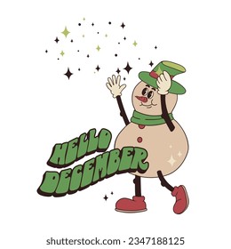 Hola diciembre. Ilustración vectorial retro. Snowman da la bienvenida a diciembre y arroja confitis de nieve