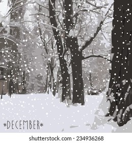 Hello December. Winter background, Greeting Card. Typographic design