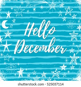 Hello December, winter greeting card, vector illustration