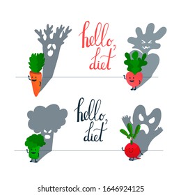 Hello, diet. Creative concept with lettering and funny veggies characters with scary shades. Broccoli, beet, carrot, radish. Vegetables iailated on white. Red, orange, green palette. Healthy lifestyle
