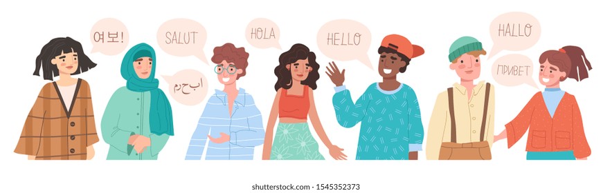 Hello in different languages. Diverse cultures, international communication concept. Native speakers, friendly men and women cartoon characters. Vector illustration