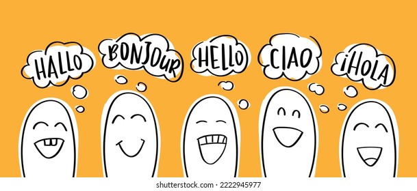 Hello in different languages. People and speech bubbles. Speaking international foreign languages concept background design.